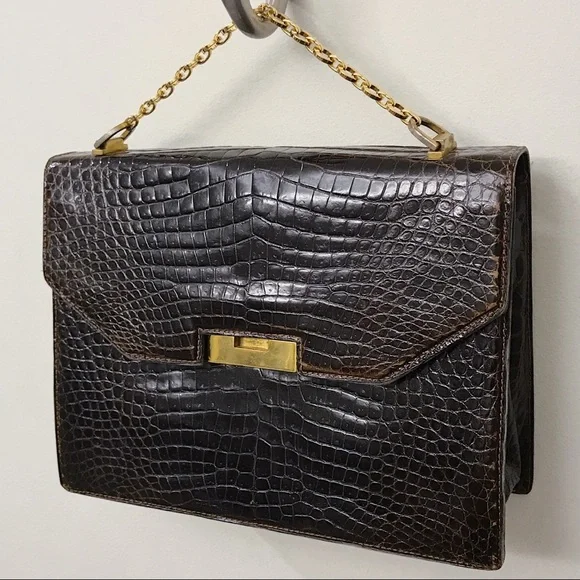 Gucci Brown Alligator Skin Top Handle Crossbody Bag Vintage Minimal Chic